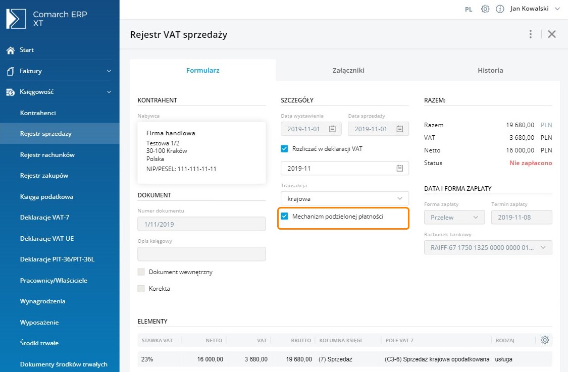 Mechanizm podzielonej płatności Baza Wiedzy programu Comarch ERP XT